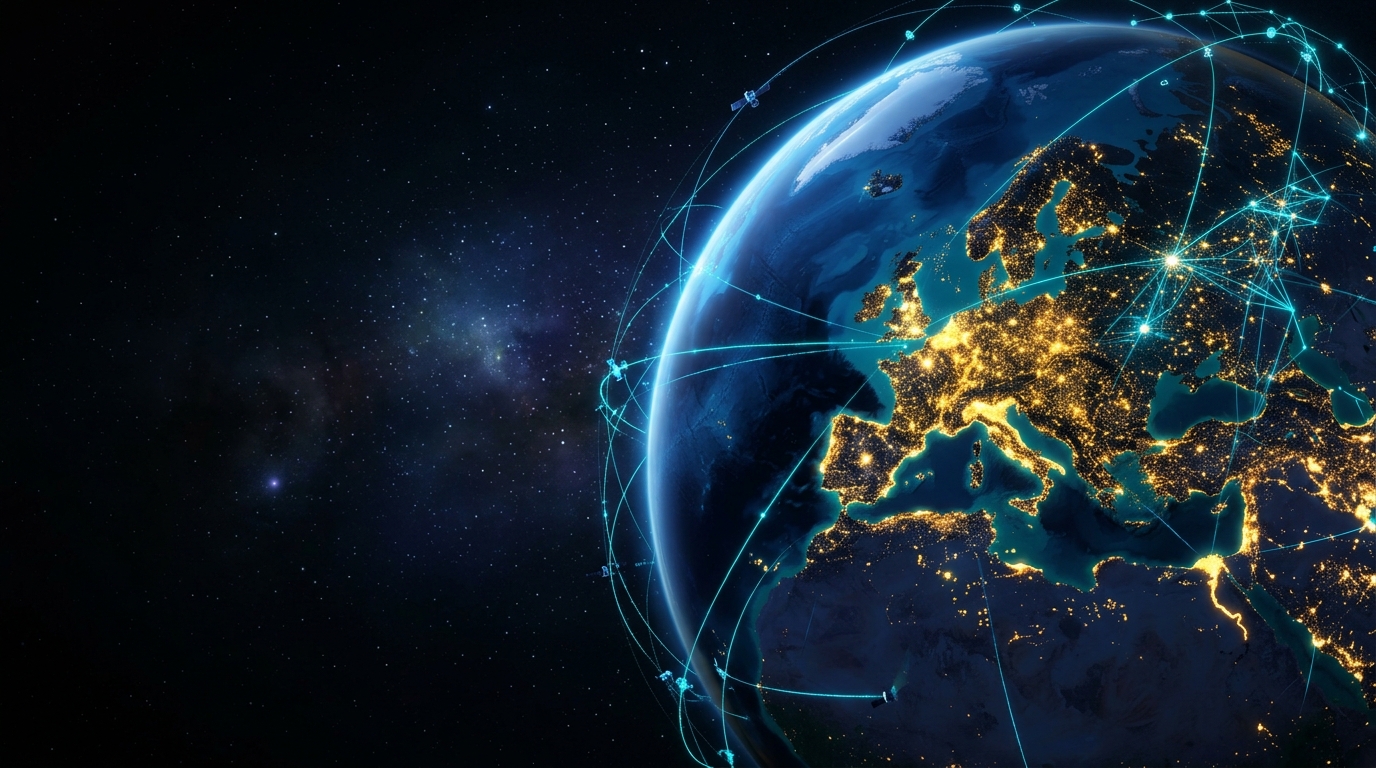 Europa bei Nacht mit digitalen Datenströmen